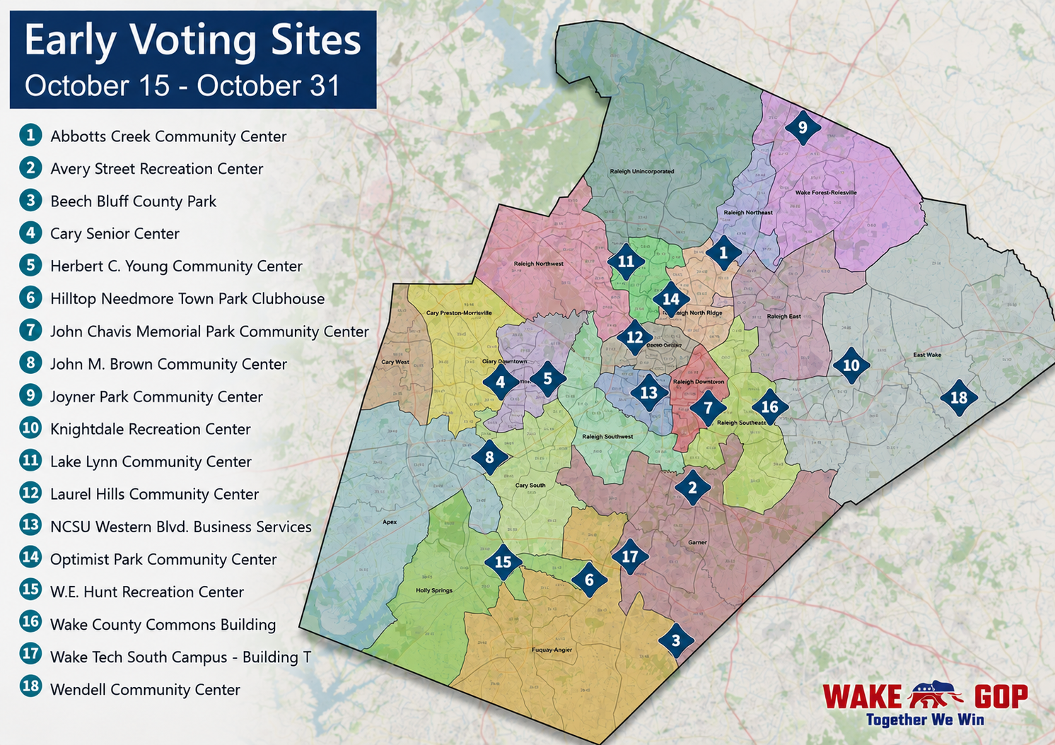 Map of 2026 Wake County Early Voting sites