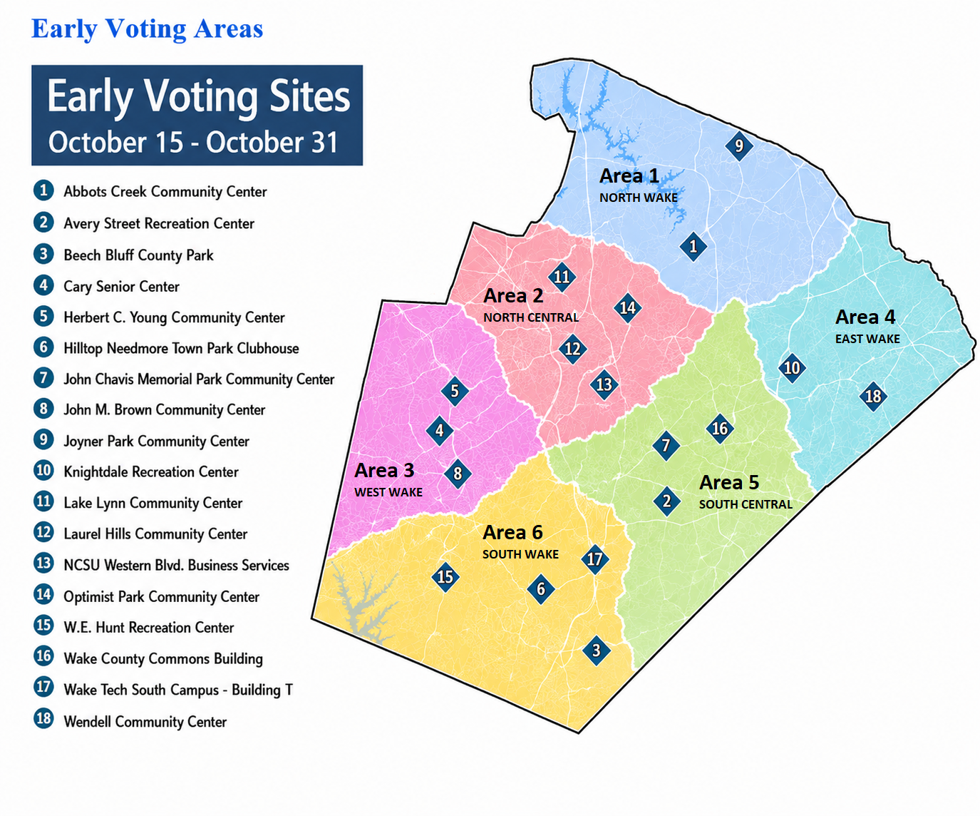 Wake County 2026 Early Voting sites and regional map showing all 18 locations
